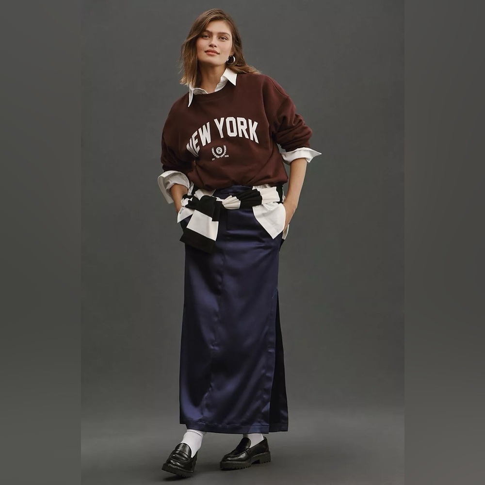 NWT Anthropologie Navy Blue Sateen Maxi Trouser Skirt 2